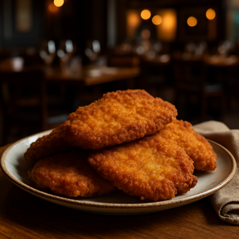 Golden crispy breaded cutlets served on a plate.