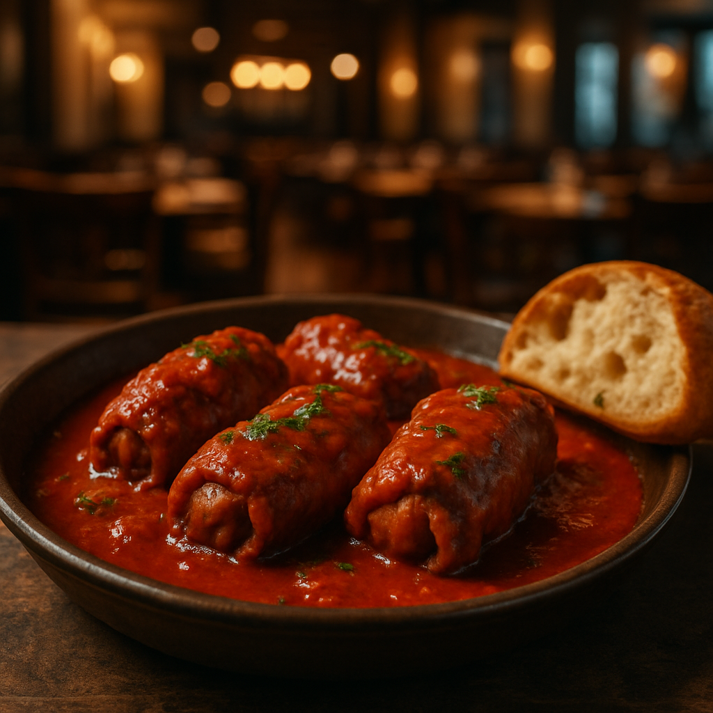 Delicious Italian pork rolls in tomato sauce served with bread.