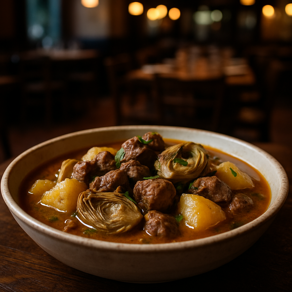 A bowl of lamb stew with artichokes and potatoes.