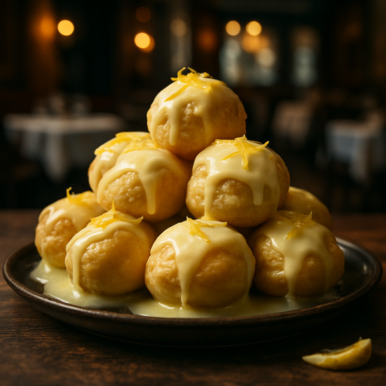 A plate of Lemon Profiteroles topped with lemon glaze.