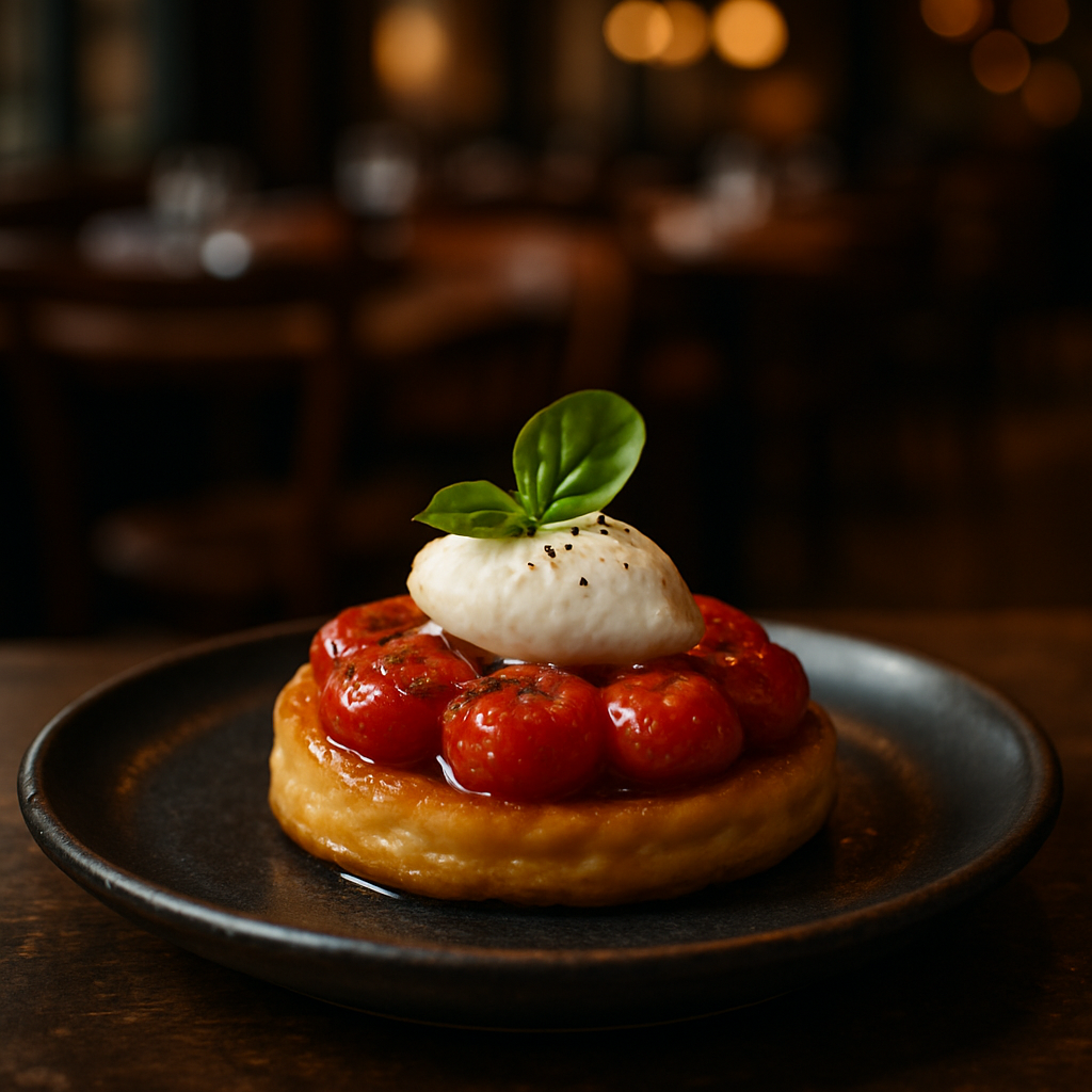 Mini tarte tatin with cherry tomatoes, a savory Italian appetizer.