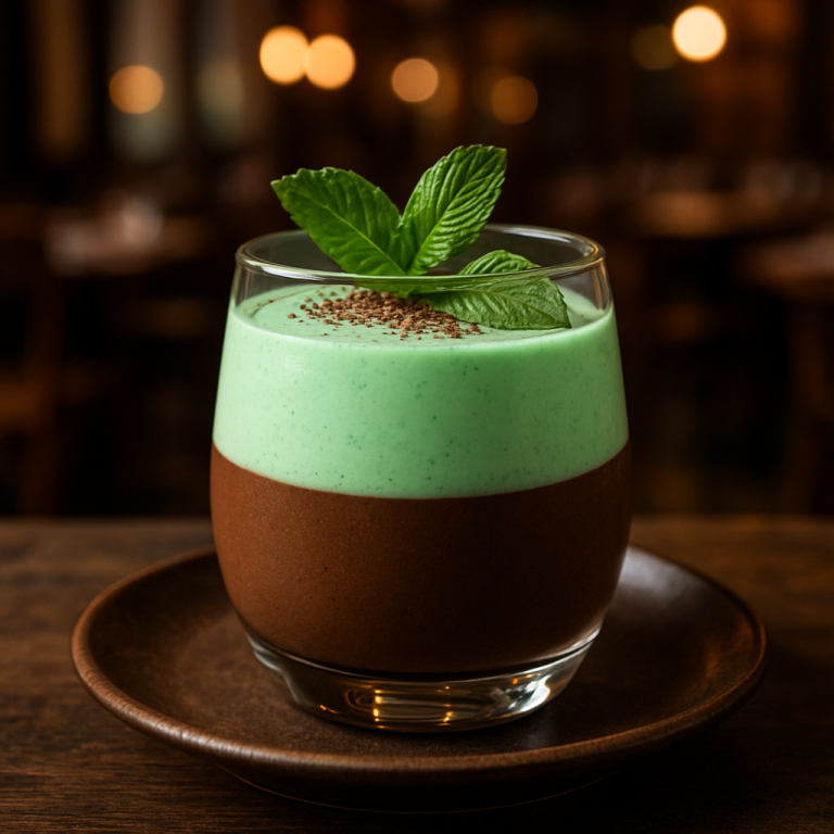 A refreshing mint and cocoa mousse served in a glass.