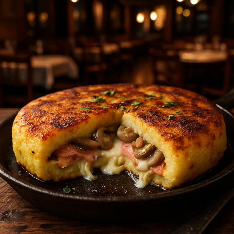Pan-fried potato cake with ham, mushrooms, and melted cheese.