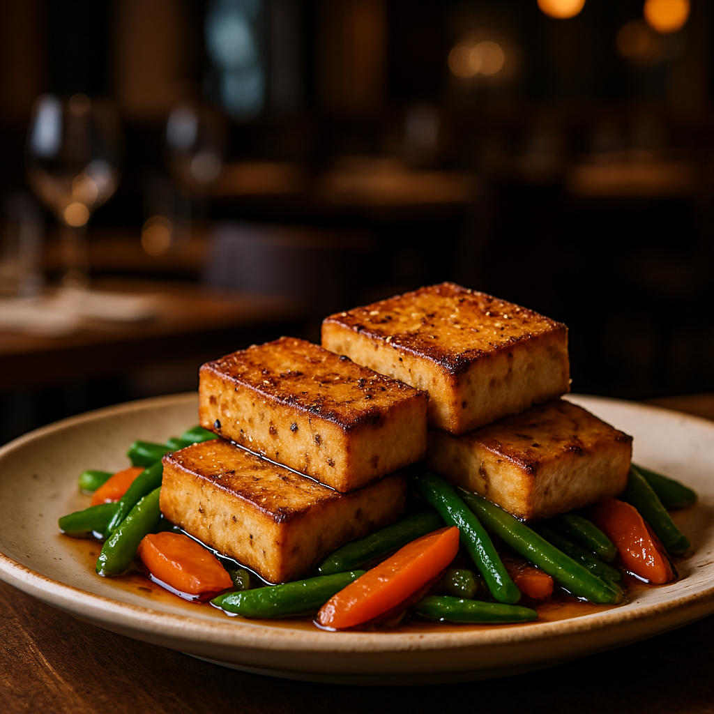 Pan-seared tofu served with vegetables.