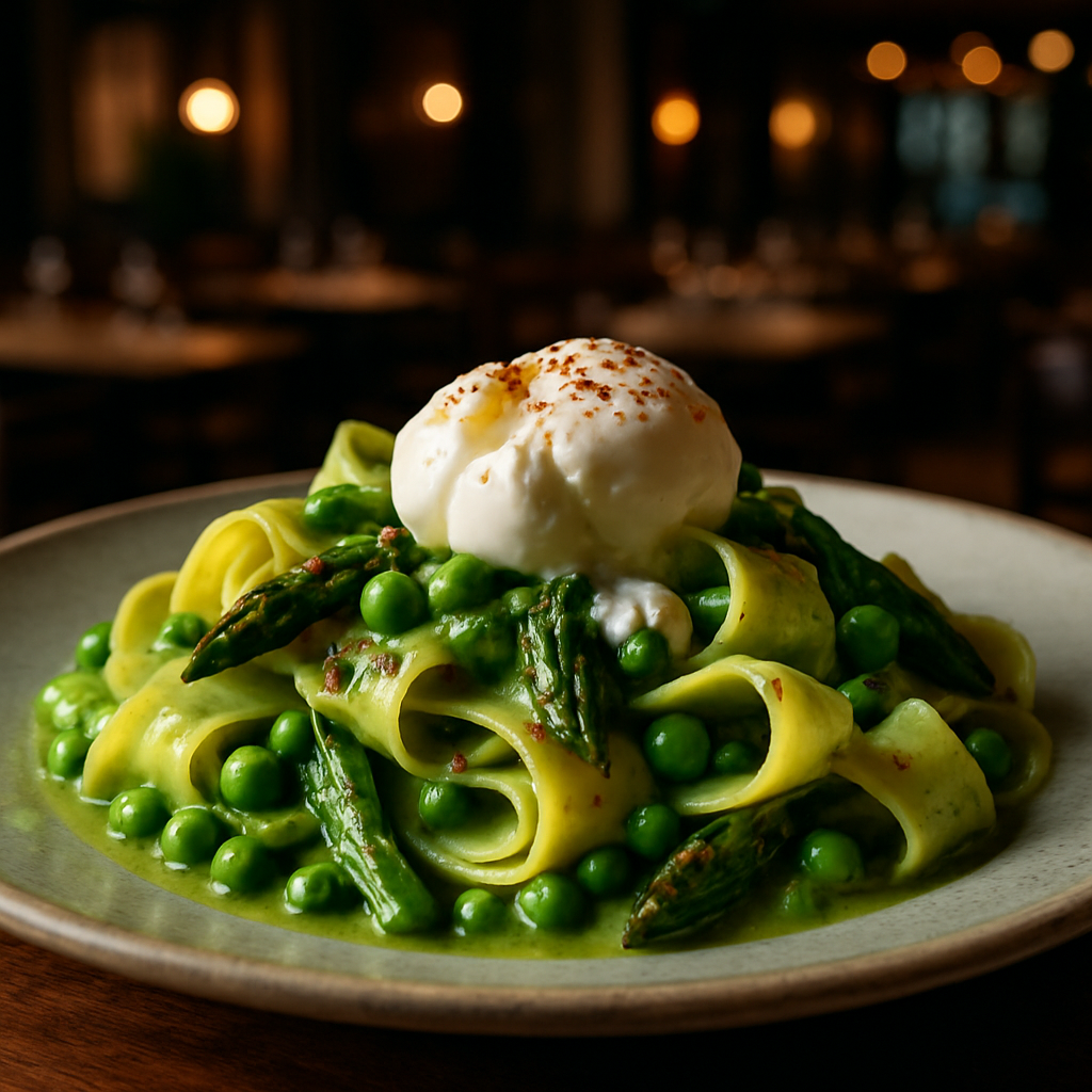 A plate of pappardelle with asparagus cream, peas, and burrata.