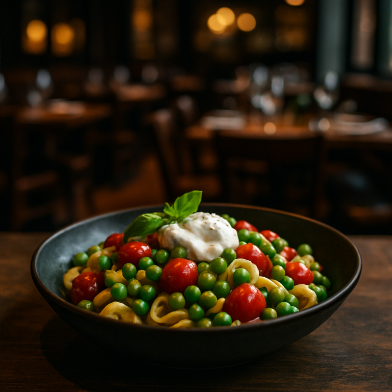 A vibrant bowl of Pasta with Peas and Cherry Tomatoes.