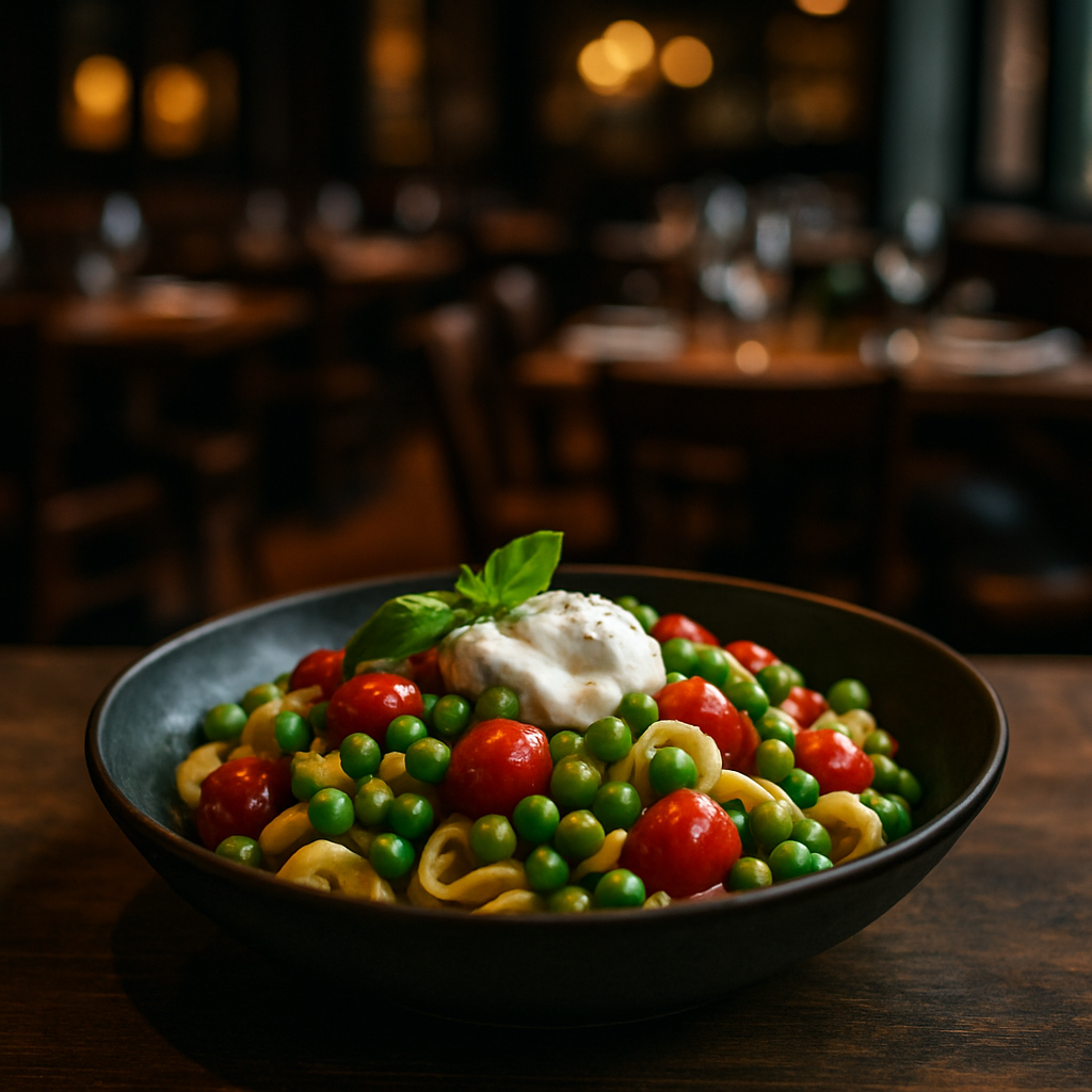 A vibrant bowl of Pasta with Peas and Cherry Tomatoes.