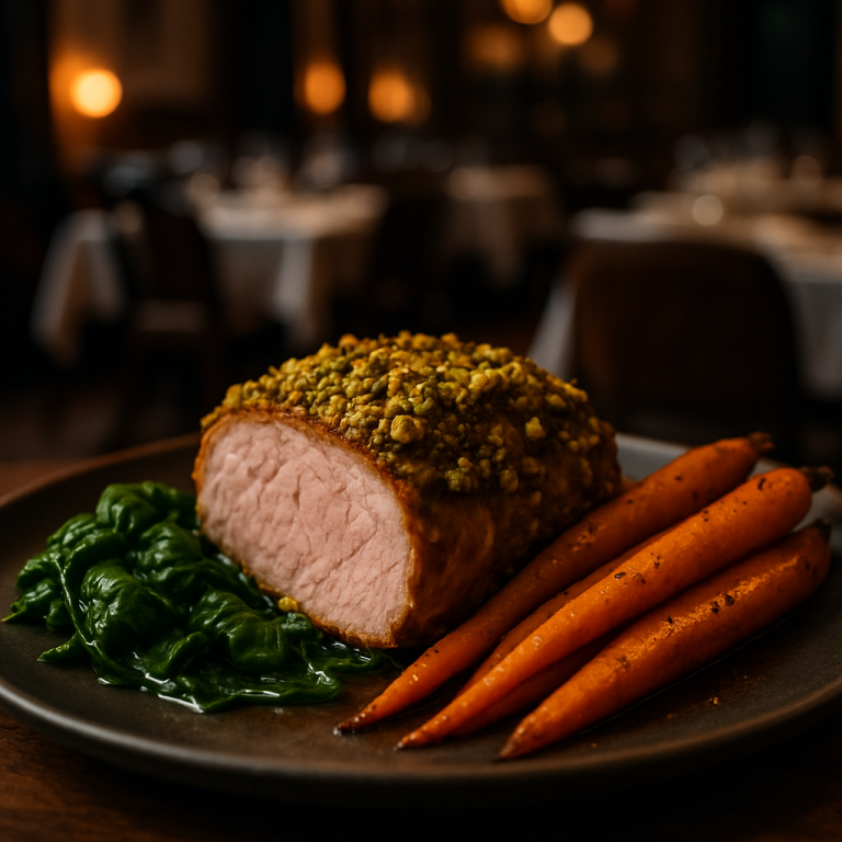 Pistachio-Crusted Pork served with fresh spinach and roasted carrots.