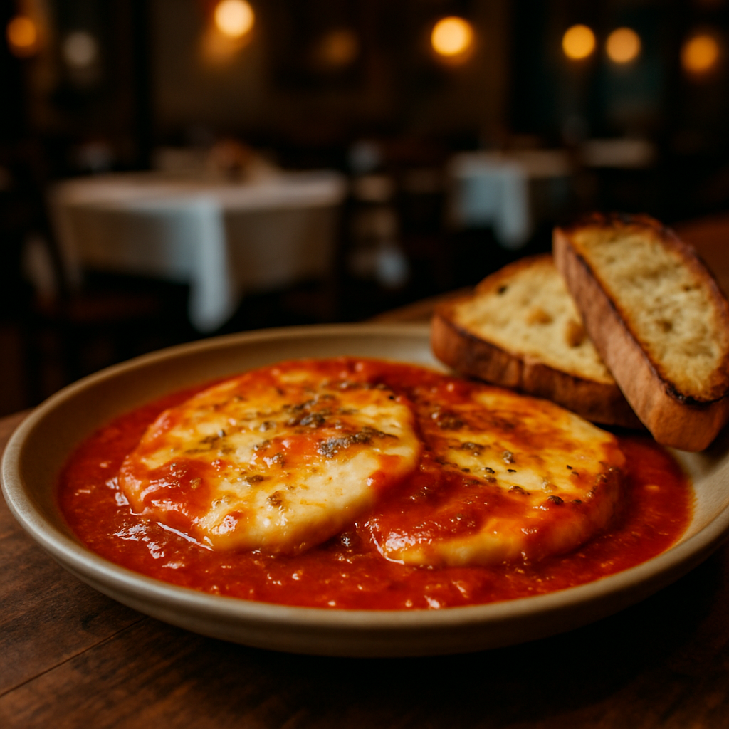 A plate of Provola alla Pizzaiola with melted cheese and tomato sauce.