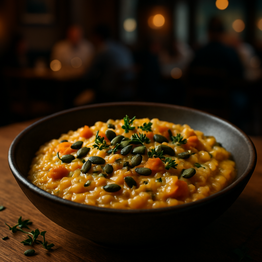 A bowl of creamy pumpkin and seed risotto garnished with fresh herbs.