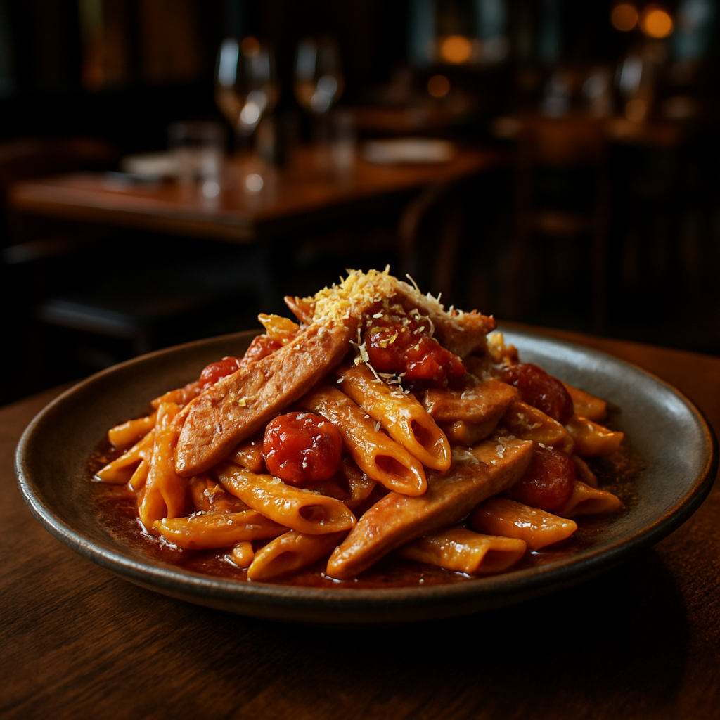 Delicious reimagined Amatriciana with pork loin and confit tomatoes.