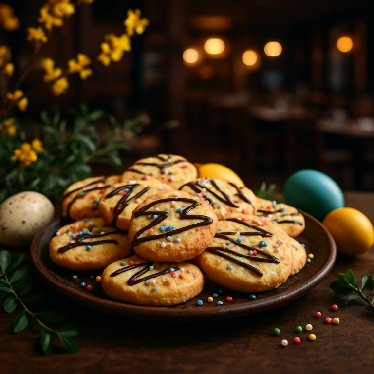 Plate of Ricotta Easter Cookies with festive decorations.