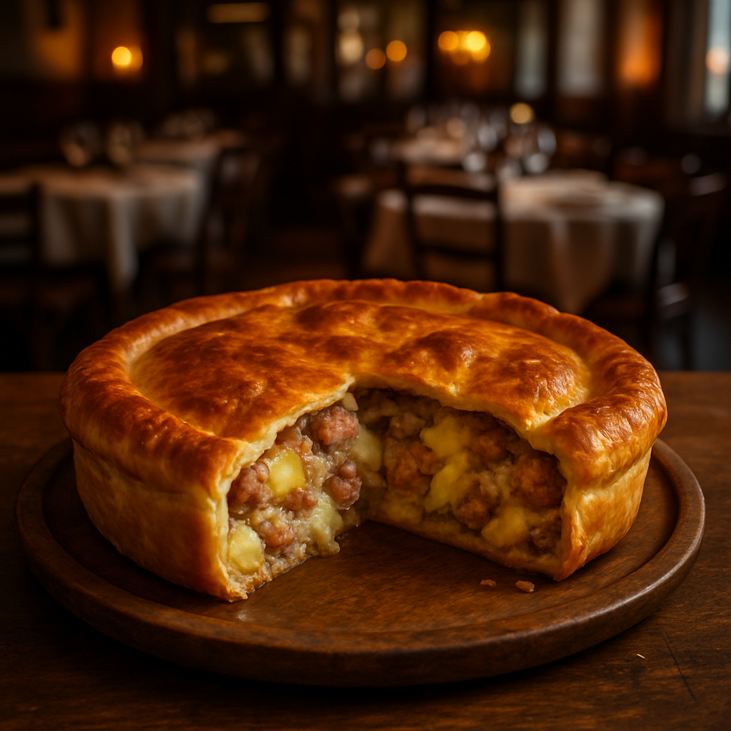 Golden savory pie with potatoes and sausage filling.