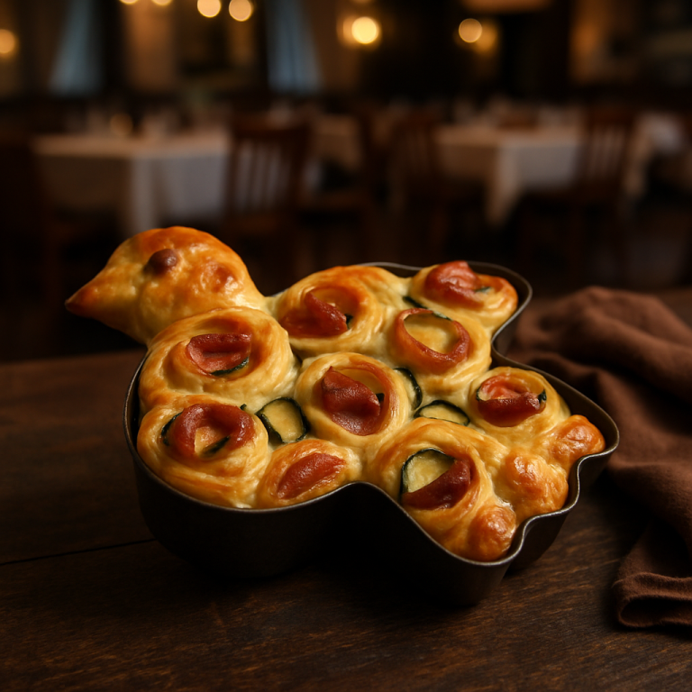 Savory puff pastry dove with speck, zucchini, and fontina cheese.