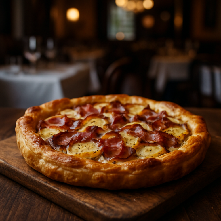 Savory tart with speck and potatoes on a wooden board.