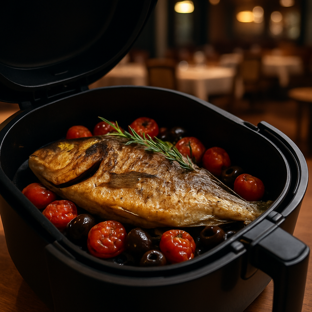 Golden sea bream cooked in an air fryer served with tomatoes and olives.