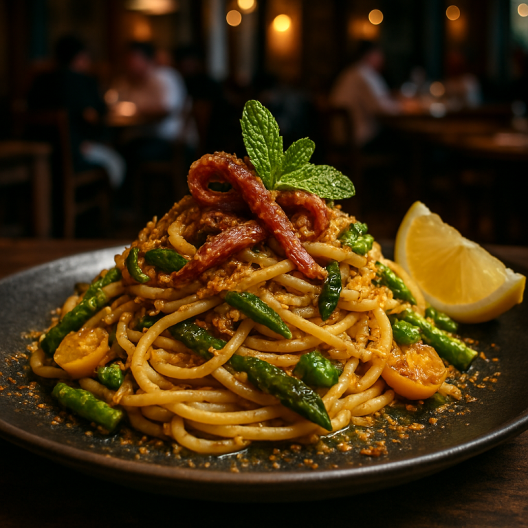 A plate of spaghetti with spicy anchovies and asparagus garnished with mint and lemon.