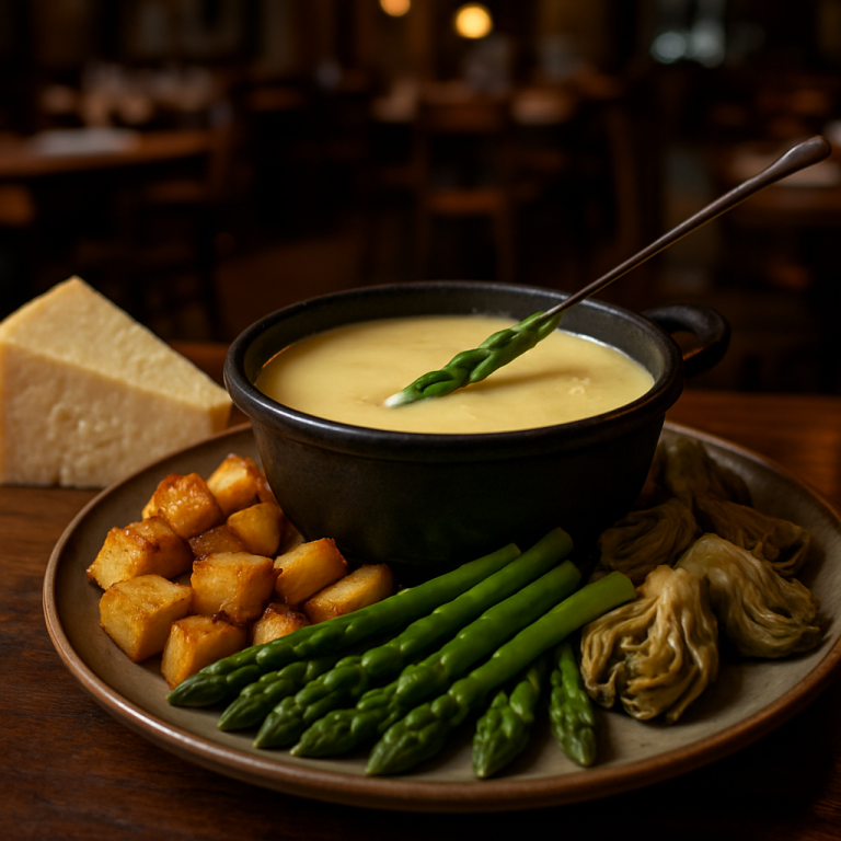 Spring vegetable fondue with Parmigiano cheese and seasonal vegetables.
