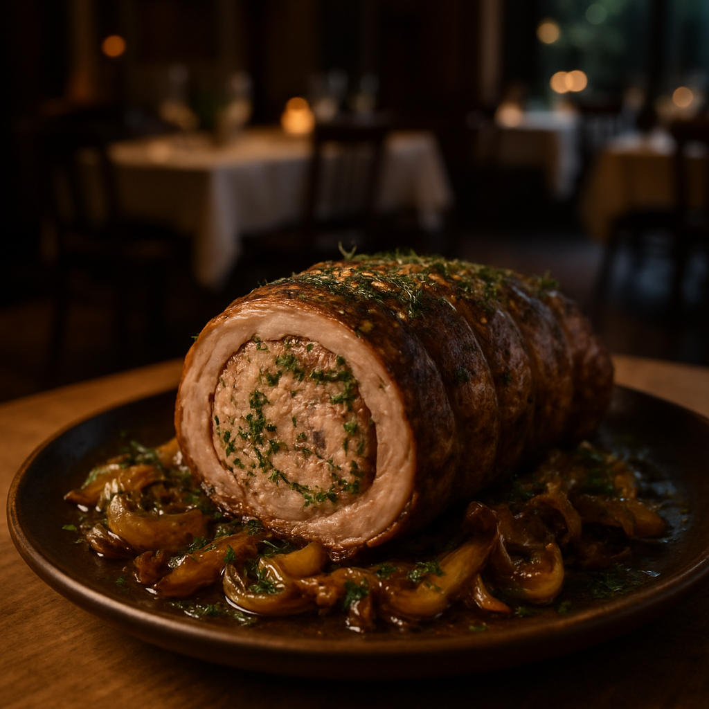 Stuffed lamb with herbs and caramelized onions.