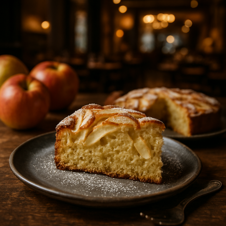 A slice of Torta di Mele all'Olio EVO on a plate with apples in the background.