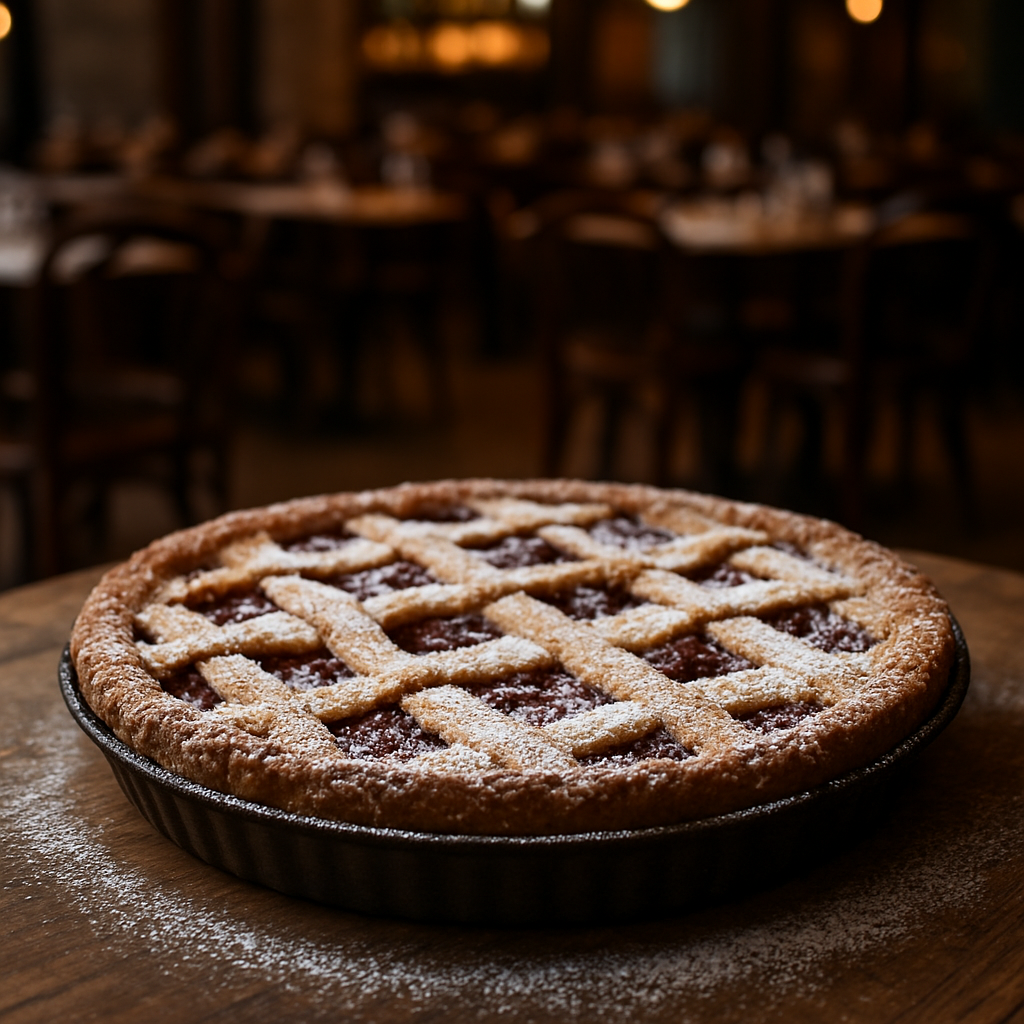 Vegan Italian tart with fruit filling and powdered sugar topping.