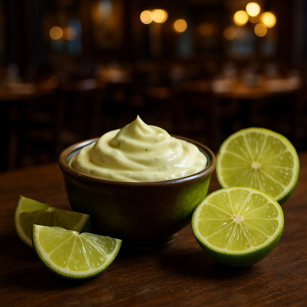 Bowl of creamy lime mayonnaise with fresh lime slices.