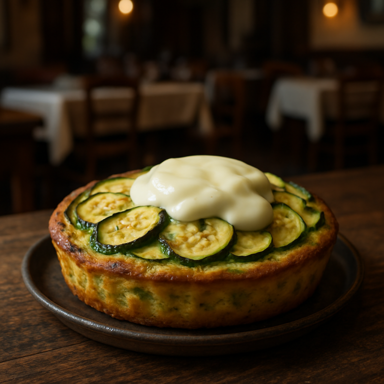 A beautifully baked zucchini tart with creamy cheese on a rustic wooden table.