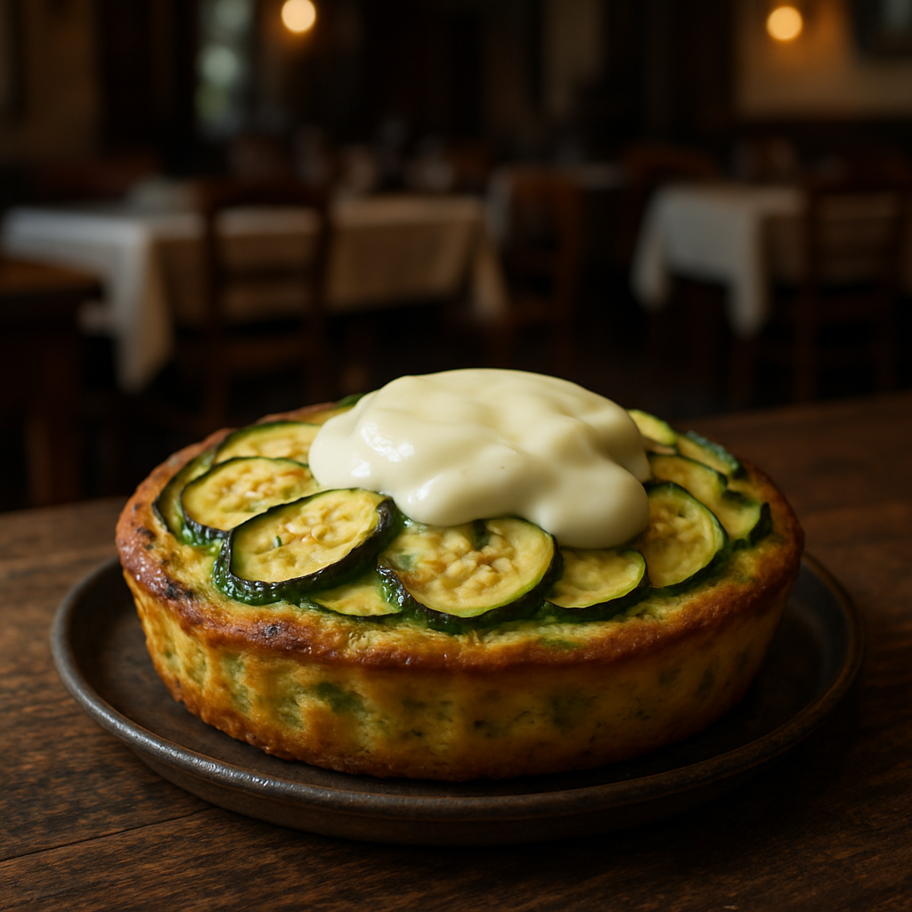 A beautifully baked zucchini tart with creamy cheese on a rustic wooden table.