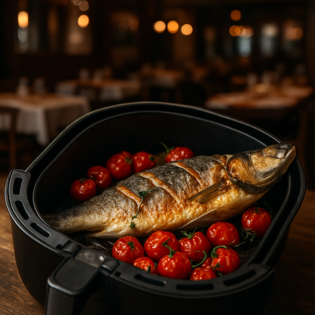 Sea bass cooked in an air fryer with cherry tomatoes.