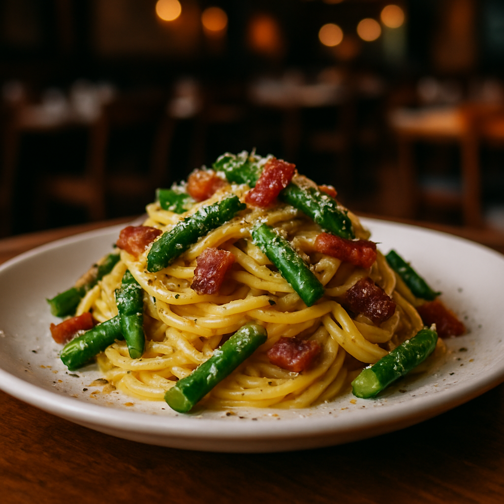 A plate of creamy asparagus carbonara with guanciale.