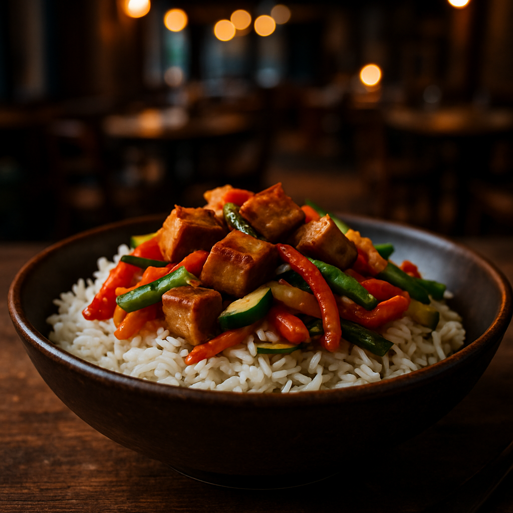 A bowl of basmati rice with soy-marinated tofu and colorful stir-fried vegetables.