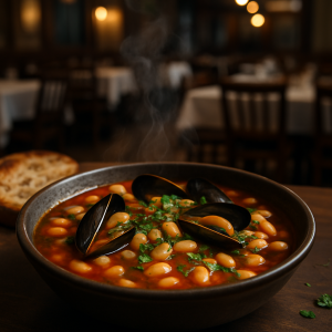 A bowl of Italian bean and mussel soup with fresh herbs.