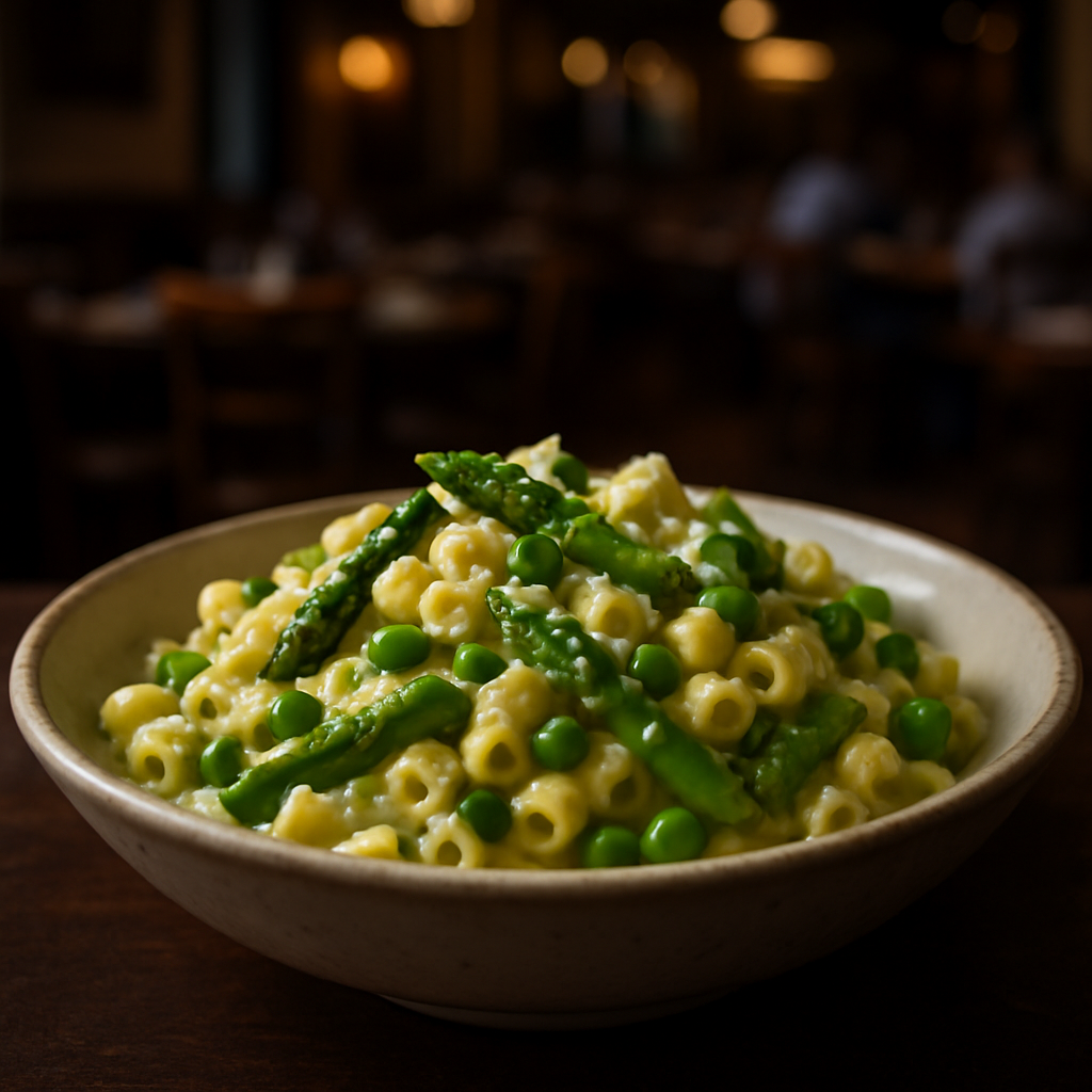 A bowl of creamy tubetti pasta with asparagus, peas, and pecorino cheese.