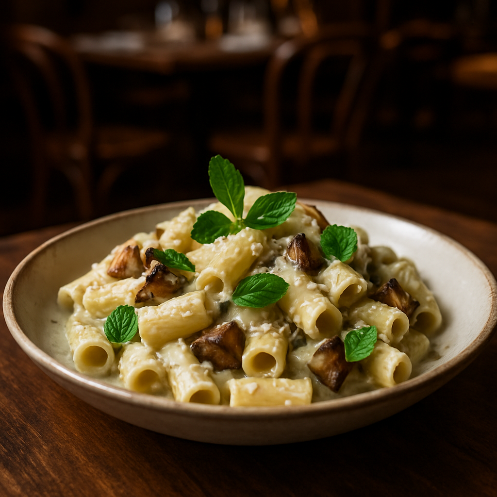A bowl of creamy white eggplant pasta garnished with fresh mint and Parmesan.