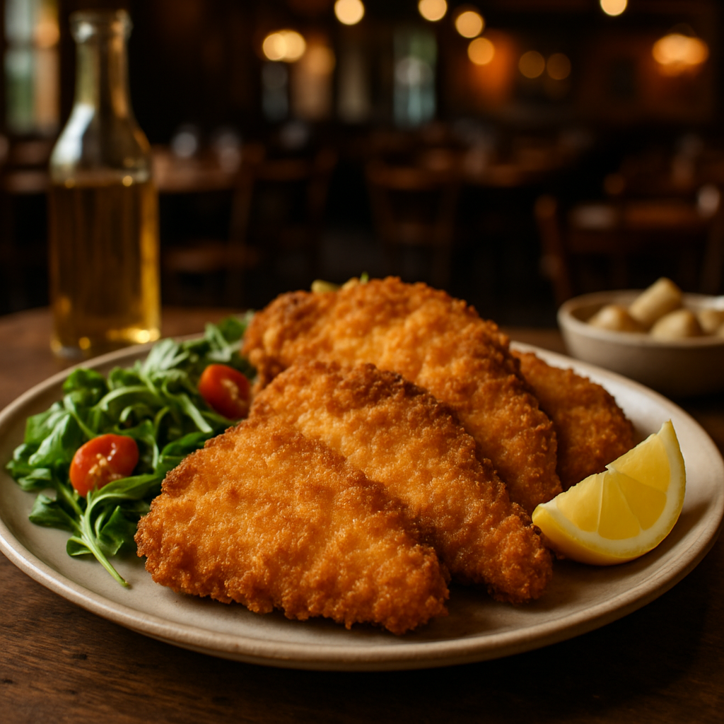 Golden air fryer breaded chicken cutlets served with fresh sides.