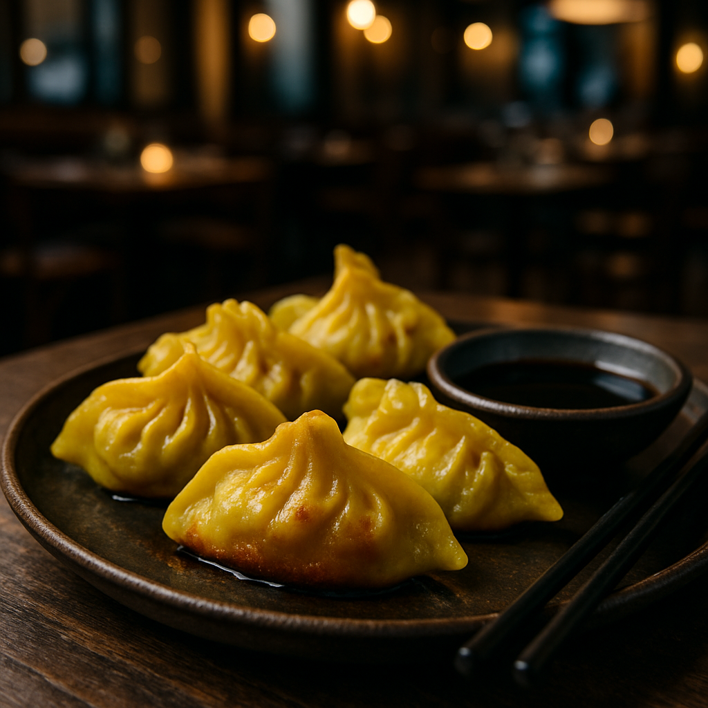 Curry Chicken Chinese Dumplings with crispy golden base.