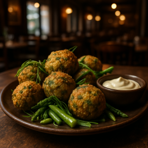 Crispy Italian veggie balls with agretti, asparagus, and zucchini served with horseradish mayo.