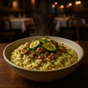 A bowl of creamy zucchini and sausage risotto garnished with fresh herbs.