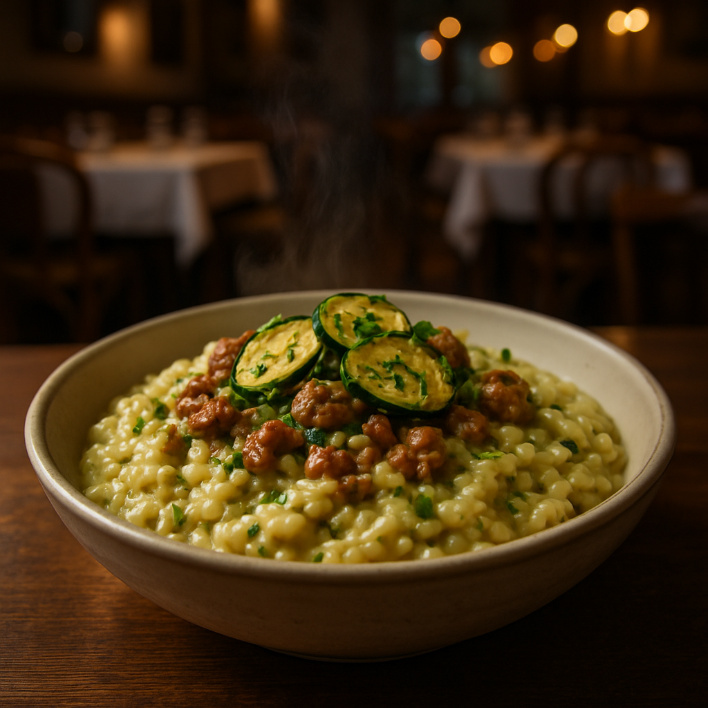 A bowl of creamy zucchini and sausage risotto garnished with fresh herbs.