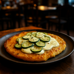 Farinata with Zucchini and Pecorino Fondue served on a rustic plate.