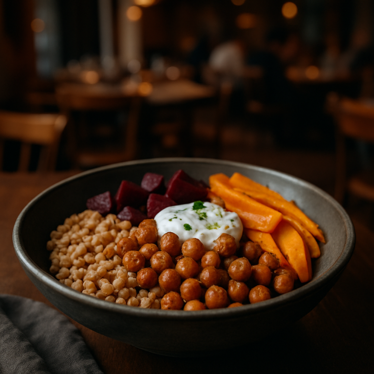 A colorful bowl of farro, spiced chickpeas, and vegetables with yogurt sauce.