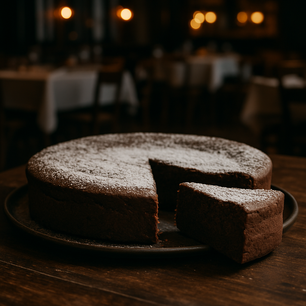 Flourless Ricotta and Cocoa Cake with a slice cut out.