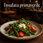A vibrant spring salad with strawberries, asparagus, and Parmesan cream.
