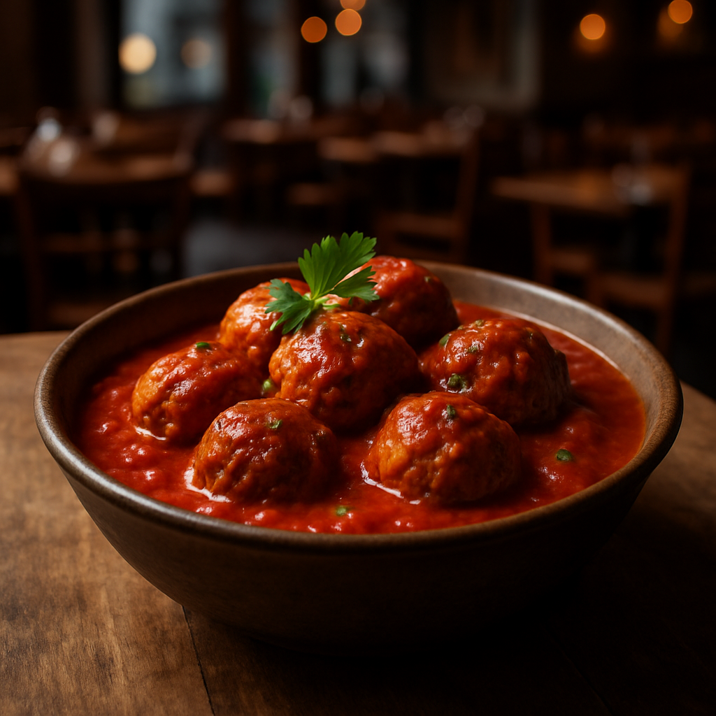 Mackerel meatballs in tomato sauce served in a bowl.