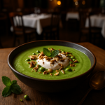 A bowl of mint pea soup garnished with yogurt and nuts.