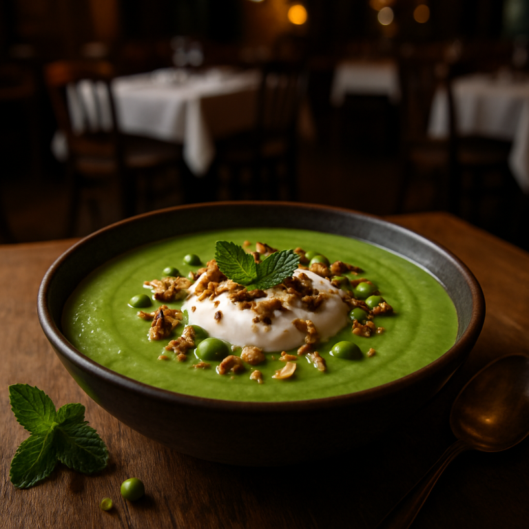 A bowl of mint pea soup garnished with yogurt and nuts.