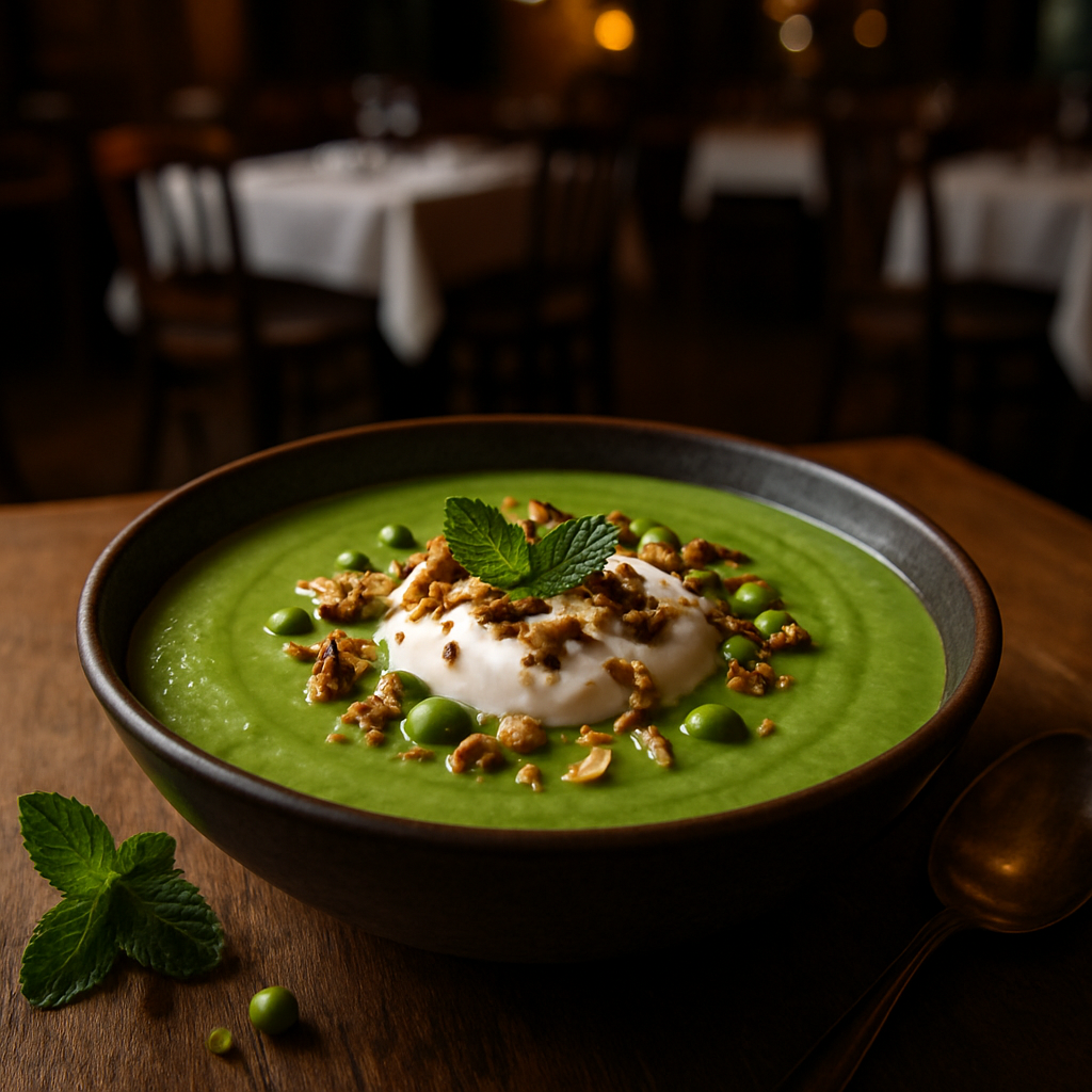 A bowl of mint pea soup garnished with yogurt and nuts.