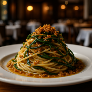 A plate of pasta with agretti and anchovy drizzle, garnished with toasted breadcrumbs.