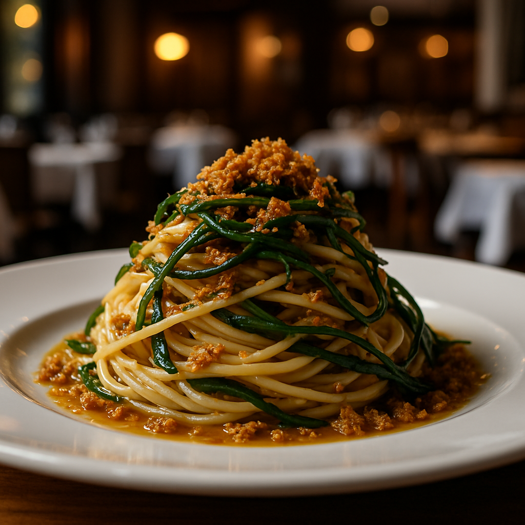 A plate of pasta with agretti and anchovy drizzle, garnished with toasted breadcrumbs.