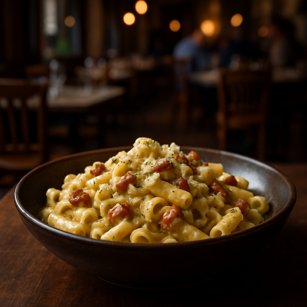 A bowl of creamy pasta with leeks, pecorino, and pancetta.